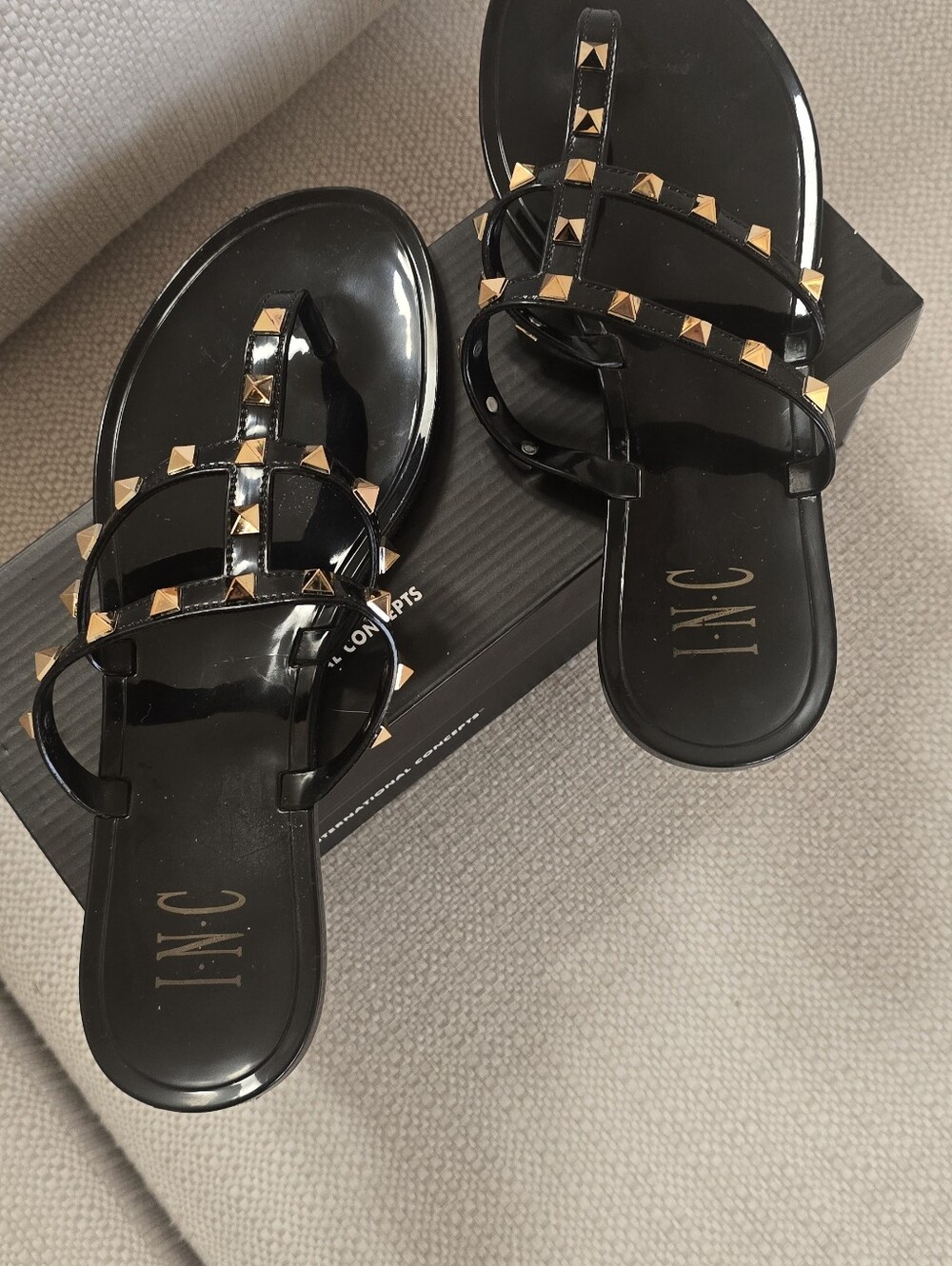 INC International Concepts Black Slide Sandal with Gold Pyramid Studs